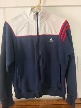 Vintage Adidas Navy Blue & White Track Jacket with Red Accents. Women’s medium